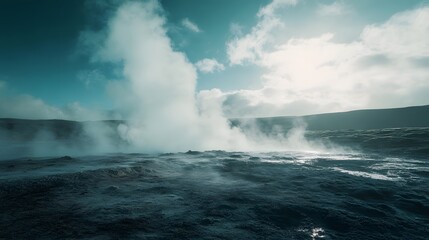 Naklejka premium Low-angle shot of Pe Strokkur geyser erupting under a vibrant blue sky, wiP mist captured in motion, in 4K resolution