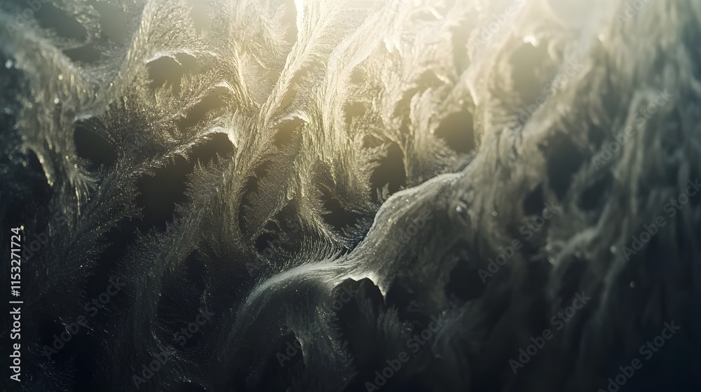 Poster Close-up of intricate frost patterns on a window, glowing softly under morning light, in 4K resolution