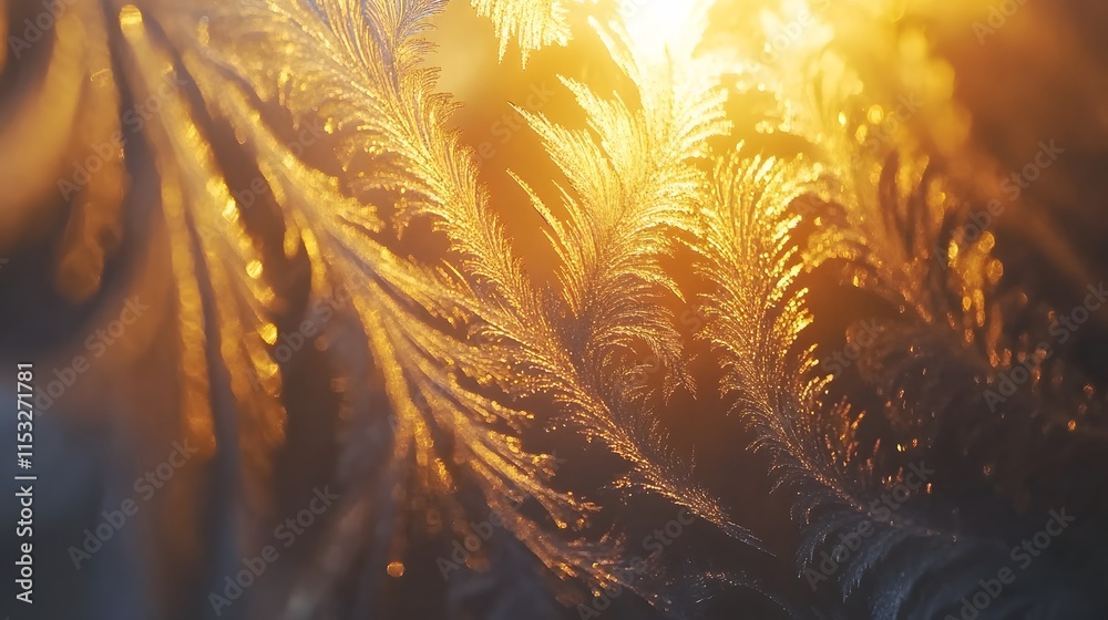 Poster Close-up of intricate frost patterns on a window, glowing softly under morning light, in 4K resolution