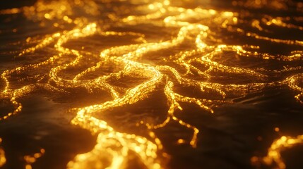 Close-up of braided river systems viewed from a low-angle, wiP intricate patterns glowing under golden light, in 4K resolution