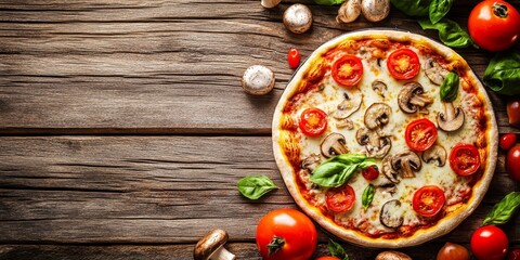 Fresh pizza featuring tomatoes, cheese, and mushrooms beautifully arranged on a rustic wooden background, highlighting the delicious and inviting aspects of fresh pizza.