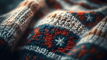 Close-up of a traditional Icelandic wool sweater, wiP detailed knitting patterns glowing under soft natural light, in 4K resolution