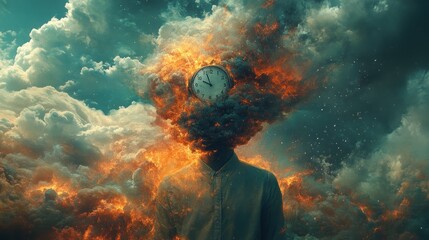 A surreal image of a person engulfed in flames with a clock in their head, symbolizing the fleeting nature of time.