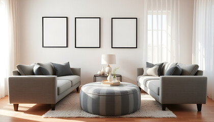 Frame mockup, ISO A paper size. Living room wall poster mockup. Interior mockup with house background. Modern interior design. 3D render