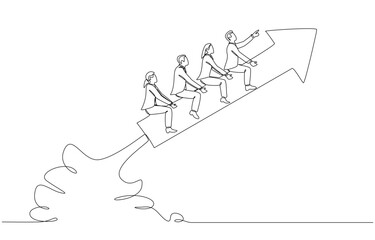 Continuous one line drawing of businesspeople riding rising arrow rocket together, cooperation and teamwork for business growth concept, single line art