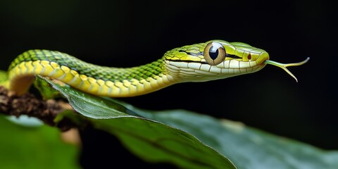 Fototapeta premium Asian Vine Snake, a fascinating mild venomous snake known for its unique appearance and behaviors, making the Asian Vine Snake a remarkable example of adaptability in the wild.