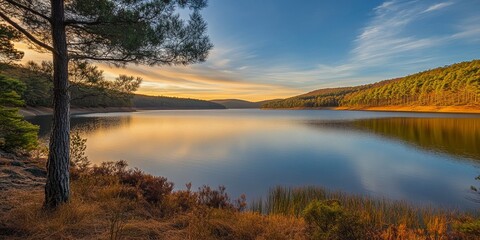 Fototapeta premium Serene Derwent Valley Reservoir surrounded by nature, showcasing a stunning landscape with a dam, perfect for outdoor enthusiasts seeking tranquility near the reservoir and dam s scenic beauty.