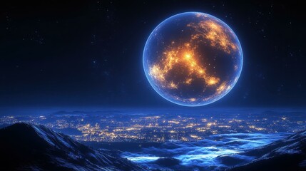 Neon Sphere. Speculative fiction Worldbuilding Ai singularity Simulated reality Levitating moon lamp Space id Unreal engine developer Tunetank FlippedNormals Lumen5 Glowing futuristic globe above oce