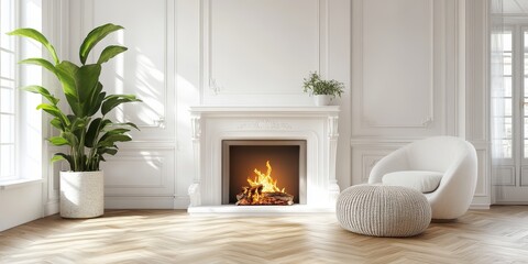 Contemporary living room design featuring white walls, elegant parquet flooring, a cozy fireplace, and a vibrant plant for added decor and warmth.