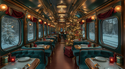A luxurious vintage train dining car interior with teal upholstered booths and tables. and the windows are adorned with burgundy curtains. decorated with Christmas-themed decor.