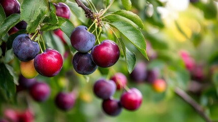 Obraz premium Cherry plum tree laden with fruits thrives in the garden, showcasing the beauty of cherry plum tree growth. Discover the vibrant cherries and plums as they flourish on this stunning cherry plum tree.