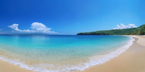 Panorama of a picturesque beach featuring clear blue sea and pristine sand, showcasing the beauty of a serene coastal environment ideal for relaxation and leisure activities.