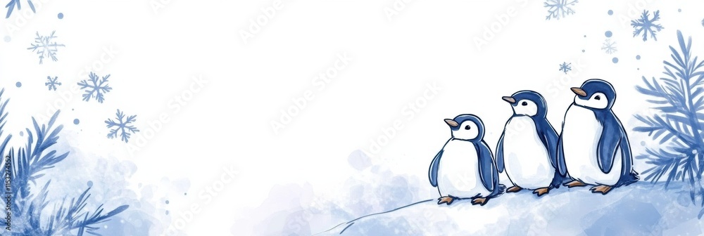 Poster winter doodle featuring three playful penguins amidst soft snowflakes and frosty foliage. generative