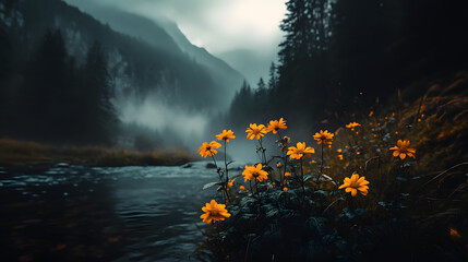 Fototapeta premium A cinematic and mysterious landscape with mist-covered hills, evoking a sense of fantasy or dystopia