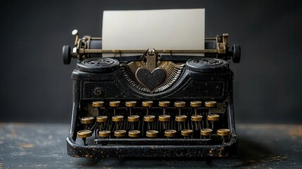 Antique typewriter with heart design, blank paper, vintage writing instrument