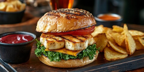 Delicious halloumi burger served alongside crispy potato chips, creating a perfect combination of flavors with halloumi. Enjoy the delightful taste of a halloumi burger with flavorful potato chips.