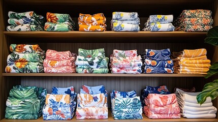 Colorful Folded Towels on Wooden Shelf in a Decorative Display