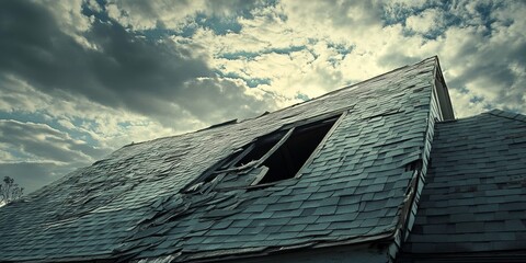Old damaged roof of an abandoned house showcases the effects of time and neglect, highlighting the old damaged features that contribute to its eerie atmosphere and storytelling potential.