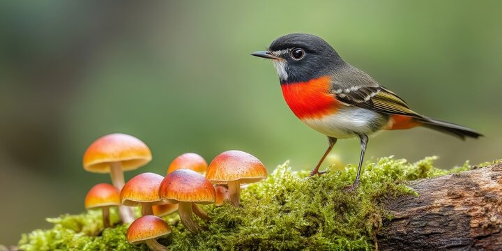 Male red breasted flycatcher Ficedula parva elegantly perched on a mossy log adorned with mushrooms, showcasing a striking close up image in soft light and vibrant color tones.