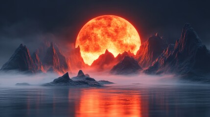 Blood red moon rising over misty mountains and calm water.