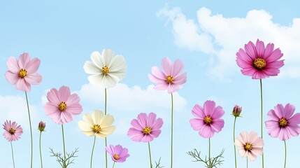Colorful Cosmos Flowers Blooming Under Bright Blue Sky with Soft White Clouds