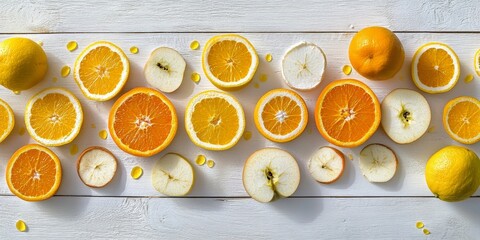 Sliced fruits including oranges, apples, and lemons displayed on a white wooden surface create a vibrant and fresh composition. The arrangement of sliced oranges, apples, and lemons is eye catching.
