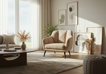 Living Room Interior With Sofa, Wicker Armchair, Cactus Plant And Coffee Table