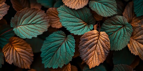 Fototapeta premium Close up of vibrant green and brown plant leaves, showcasing the intricate details and textures of plant leaves in nature s palette of green and brown hues. Perfect for nature lovers.