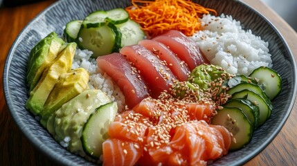 Fresh and Colorful Sushi Bowl with Sashimi, Avocado, and Cucumber on a Bed of Rice