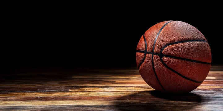 A basketball sitting on a wooden surface with a dark backdrop creates a striking visual, emphasizing the basketballs presence against the contrasting wooden floor and shadows.