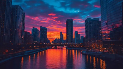 Fototapeta premium Vibrant Sunset Over Cityscape River And Skyscrapers