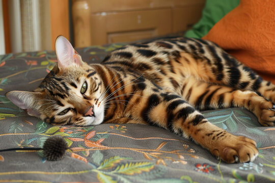 A relaxed Toyger cat lounging comfortably on a colorful bed in a cozy indoor setting