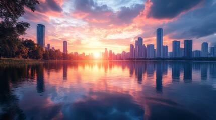Fototapeta premium City Skyline Reflecting in Calm Water at Sunset