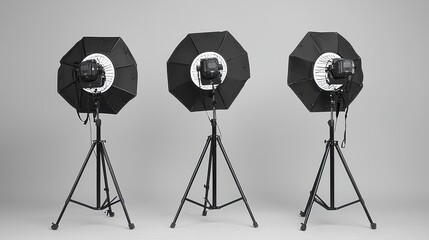 Obraz premium Three Professional Photography Softbox Lighting Setups for Studio Use