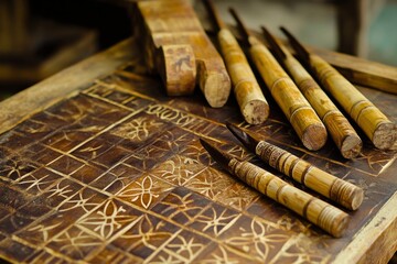 Traditional Carrom Game Set: Intricately Carved Wooden Board and Bamboo Pieces