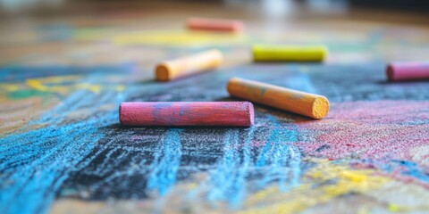 Child s drawing created using colorful chalk on the floor, showcasing imaginative art with vibrant colors. This child s drawing reflects creativity and playful expression in a unique medium.