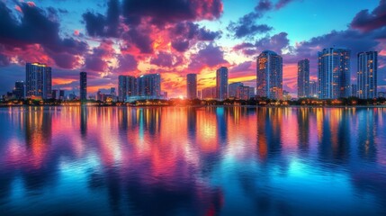 Obraz premium Vibrant City Skyline Reflecting in Calm Water at Sunset