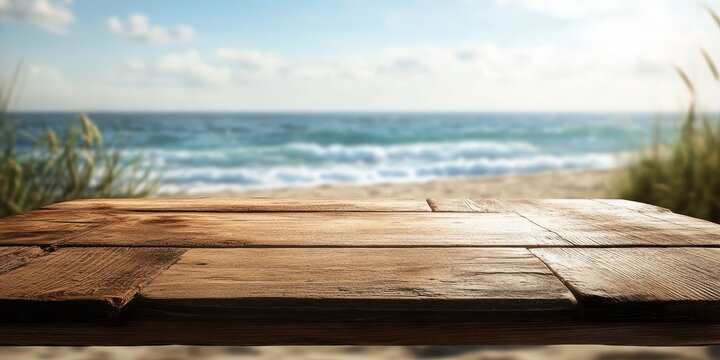 A rustic wooden table sits in front of a blurred beach scene, providing an ideal area for text or message placement, allowing for creative expression in that space.