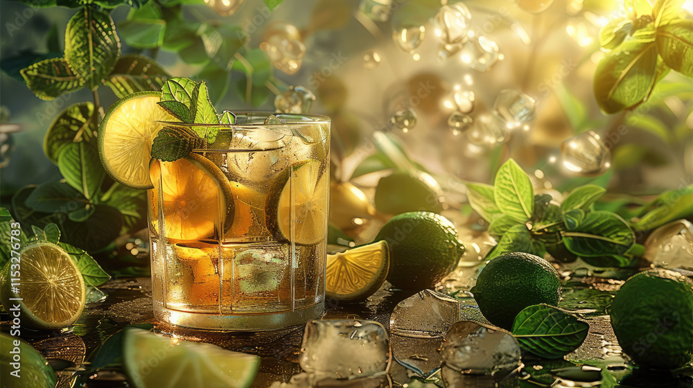 Poster the cocktail with elaborate ice cubes, mint leaves, lime slices, and ginger ale in it. the drink is 