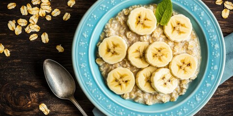 Sliced bananas on a saucer accompany oatmeal dairy porridge served in a light blue plate, with a spoon placed beside it on a brown wooden table. A top view highlighting bananas and oats.