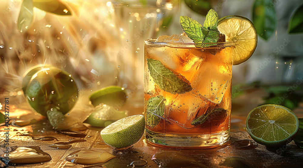 Poster the cocktail with elaborate ice cubes, mint leaves, lime slices, and ginger ale in it. the drink is 