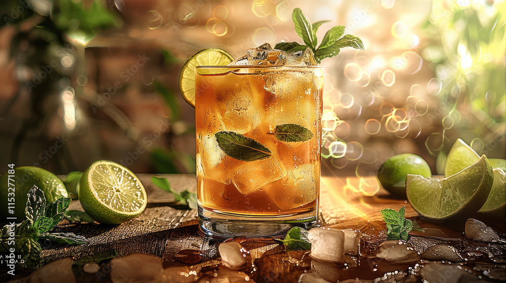 Poster the cocktail with elaborate ice cubes, mint leaves, lime slices, and ginger ale in it. the drink is 