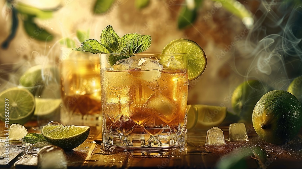 Poster the cocktail with elaborate ice cubes, mint leaves, lime slices, and ginger ale in it. the drink is 