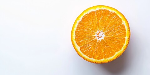 Fototapeta premium Half an orange isolated on a white background, viewed from above. This vibrant half of an orange showcases its rich color and texture, making it an ideal visual for culinary and healthy lifestyle