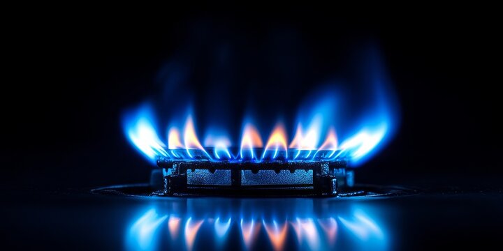 The blue flame of a gas stove illuminates the dark, symbolizing the importance of gas burner efficiency. This image highlights the concept of gas consumption in Europe through its vibrant blue flame.