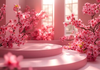 Pink Podium with Pink Flowers Happy Valentine Day