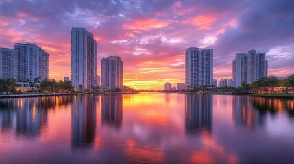 Fototapeta premium Vibrant Sunset Reflecting on City Skyline and Calm Water