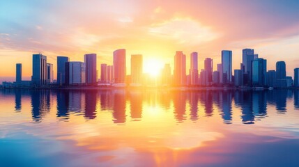 Fototapeta premium City Skyline Reflected In Calm Water At Sunset