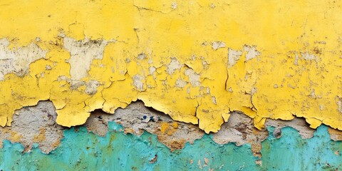 Fototapeta premium A close up of an old peeling wall with a vibrant yellow background, showcasing the texture and colors of the old peeling wall, perfect for backgrounds or textured art.