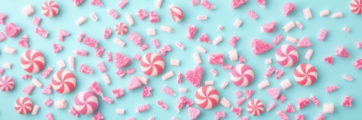 Obraz premium Colorful Arrangement of Various Candy on a Pastel Blue Background Creating a Whimsical and Playful Atmosphere for Sweet Treat Lovers